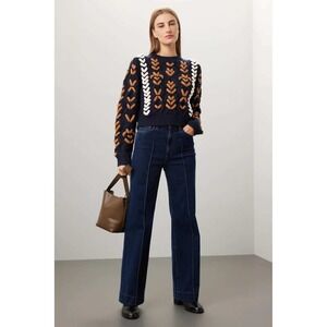Jason Wu Collective Navy Blue Embroidered Chunky Knit Cropped Sweater Womens L